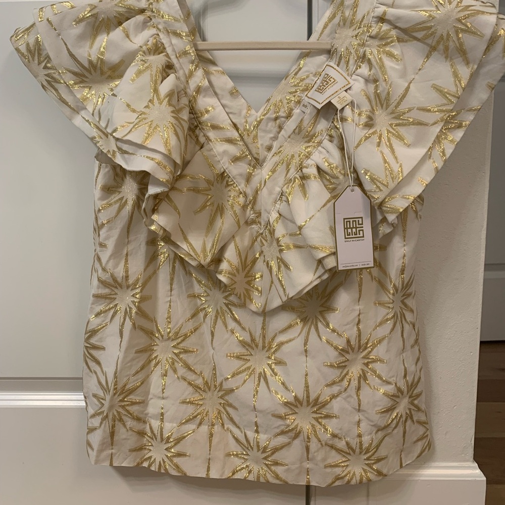 Emily McCarthy Kensington gold burst Cream Gold Sleeveless Ruffled Blouse